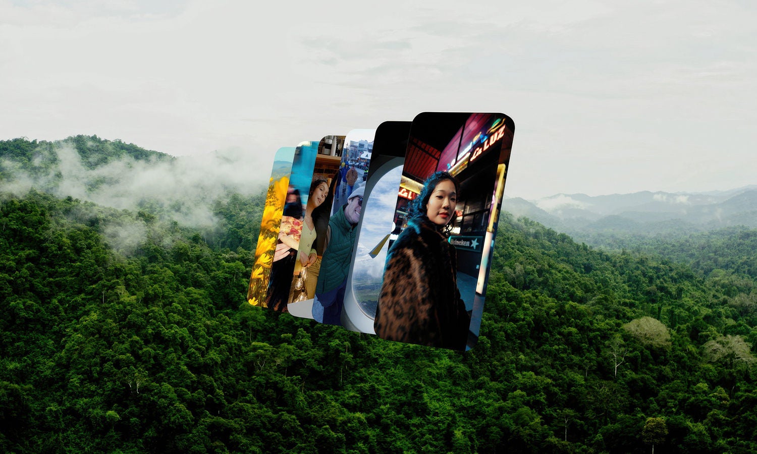 Smartphones cascading in front of a green forest, blending nature and digital life.​